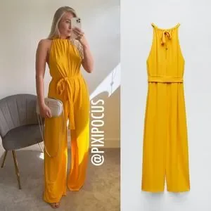 ZARA FLOWY JUMPSUIT WITH BELT WIDE LEG MUSTARD